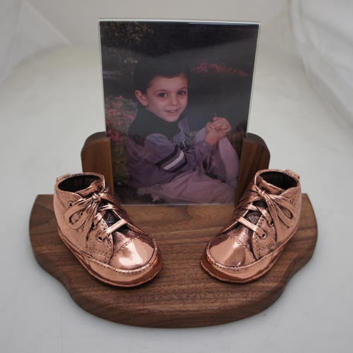 Pair Bronzed Baby Shoes on Rounded Wood Base with Picture (Style 200)